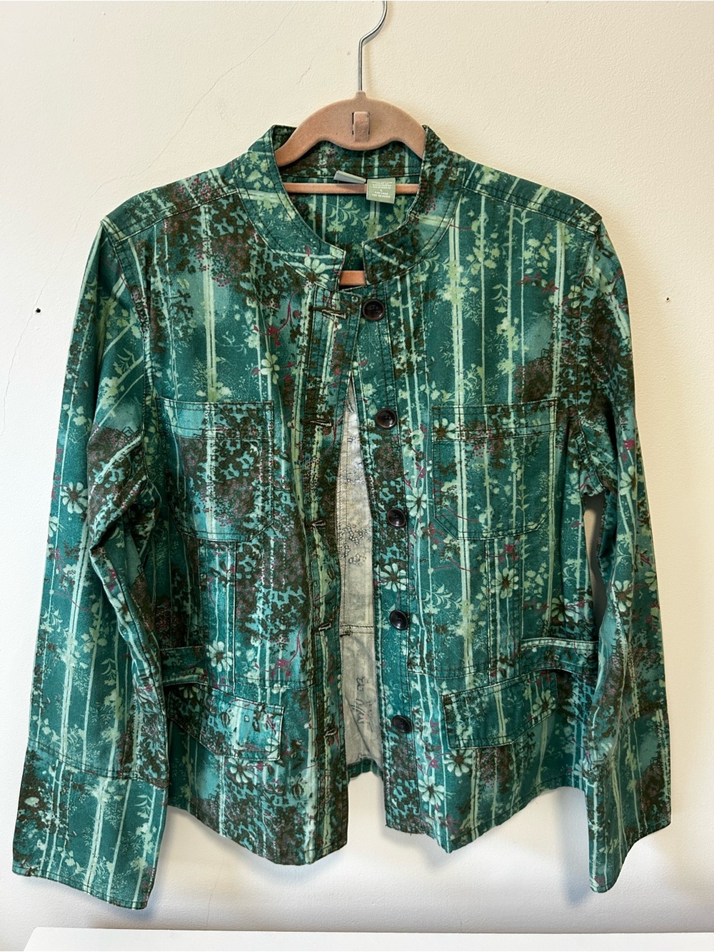 Green Floral-Stripe Button Front Blazer